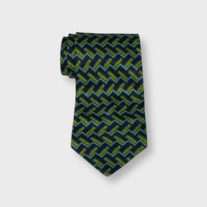 Vintage 80’s Valentino Chevron Silk Tie In Chartreuse / Navy
